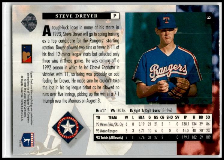 1994 Upper Deck #9 Steve Dreyer Rookie Texas Rangers