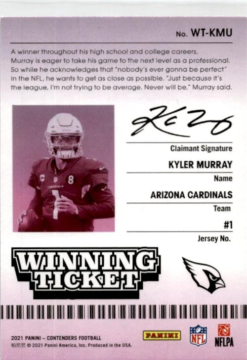 2021 Panini Contenders Winning Ticket #WT-KMU Kyler Murray Arizona Cardinals