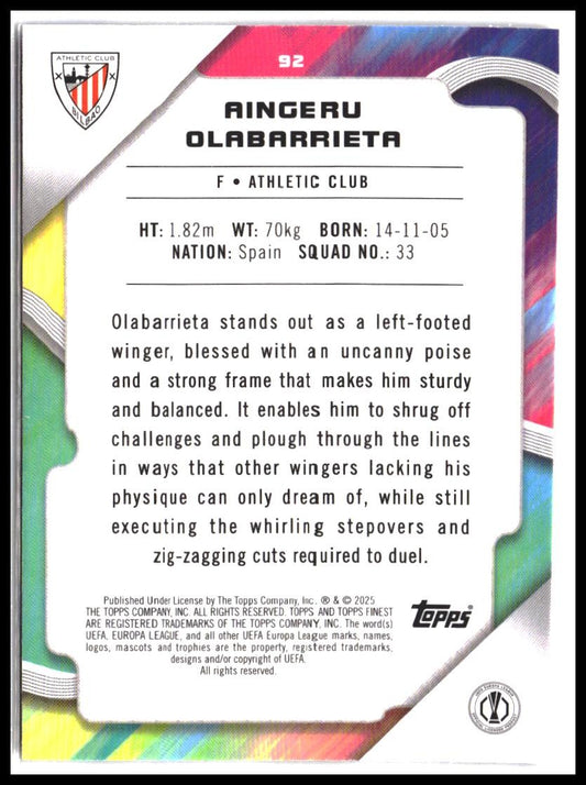 Aingeru Olabarrieta #92 2024-25 Finest UEFA Club Competitions Rookie RC