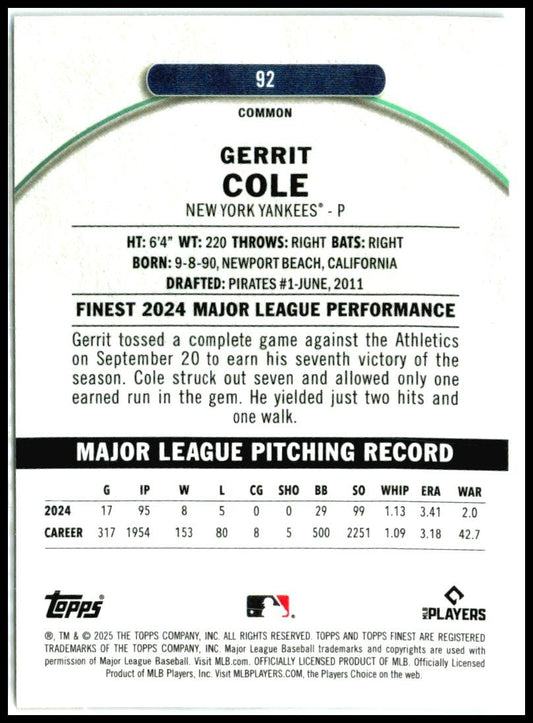 2025 Topps Finest #92 Gerrit Cole Yankees