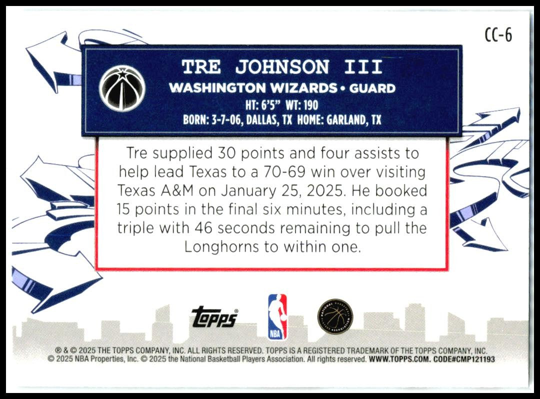 2025-26 Topps Clutch City ##cc6 Tre Johnson iii