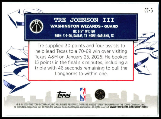 2025-26 Topps Clutch City ##cc6 Tre Johnson iii