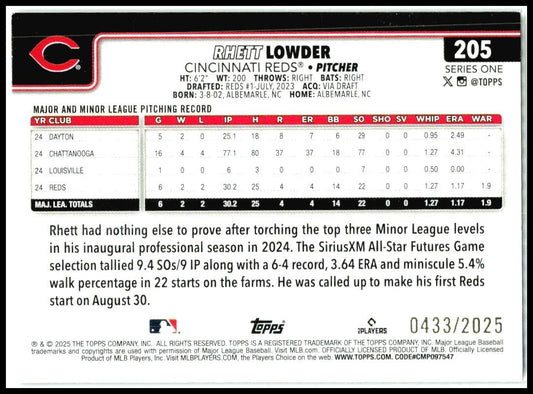2025 Topps Gold #205 Rhett Lowder #/2025 Cincinnati Reds