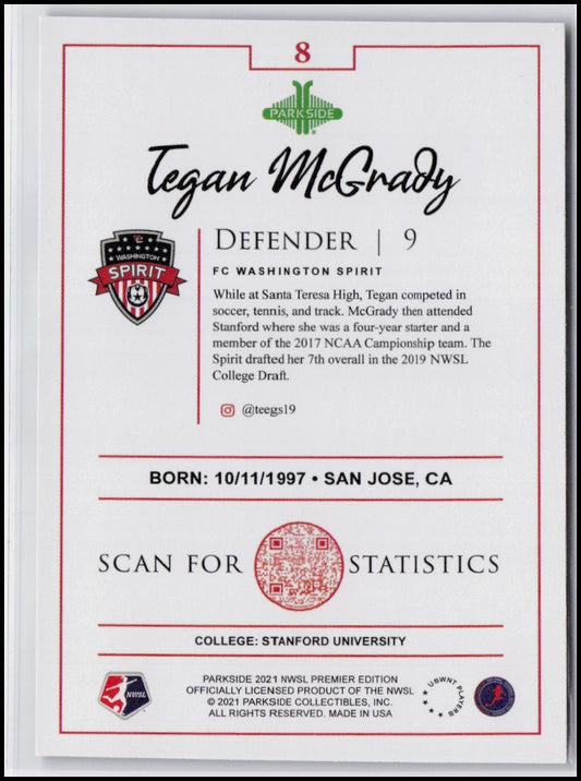 2021 Parkside NWSL Premier Edition #8 Tegan McGrady