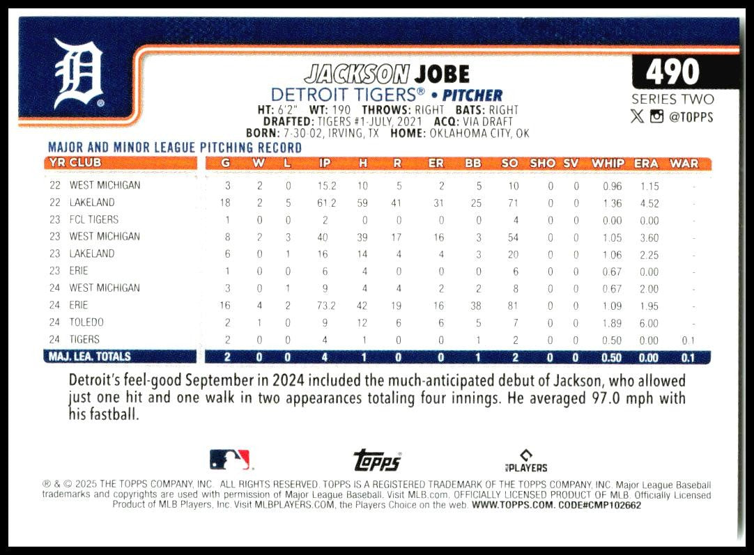 2025 Topps #490 Jackson Jobe Rookie Detroit Tigers