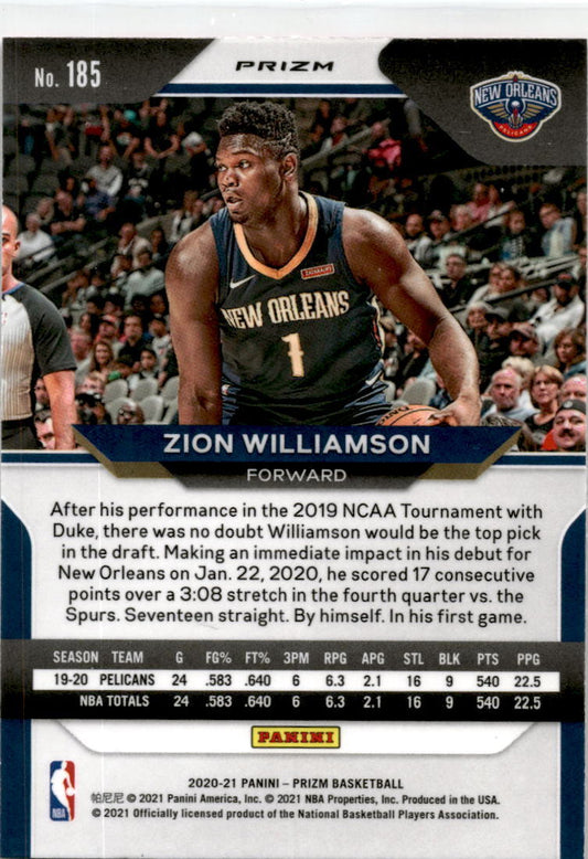 2020-21 Panini Prizm Pink Ice Prizms. #185 Zion Williamson New Orleans Pelicans.