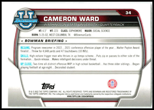 2022 Bowman University Chrome #34 Cameron Ward Titans