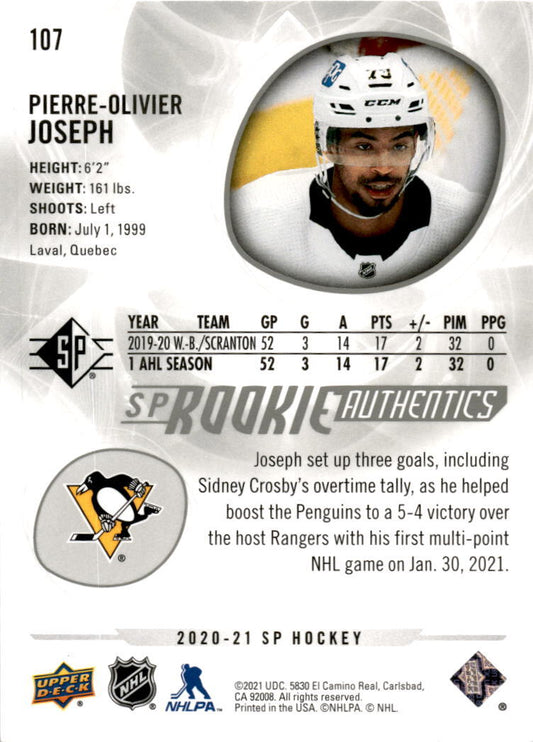 2020 Upper Deck SP #107 Rookie Authentics Pierre-Olivier Joseph /1299 Pegins