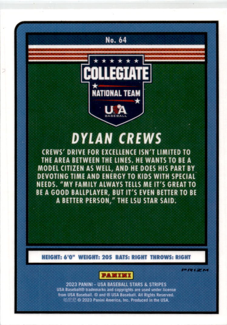 2023 Panini Stars & Stripes USA Baseball Stripes Prizm #64 Dylan Crews National