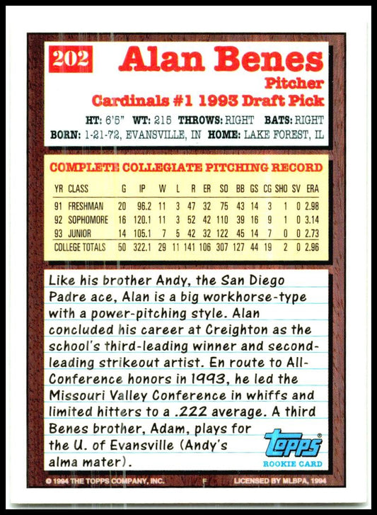 1994 Topps #202 Alan Benes Rookie St. Louis Cardinals