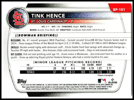 2025 Bowman Prospects #BP-101 Tink Hence St. Louis Cardinals