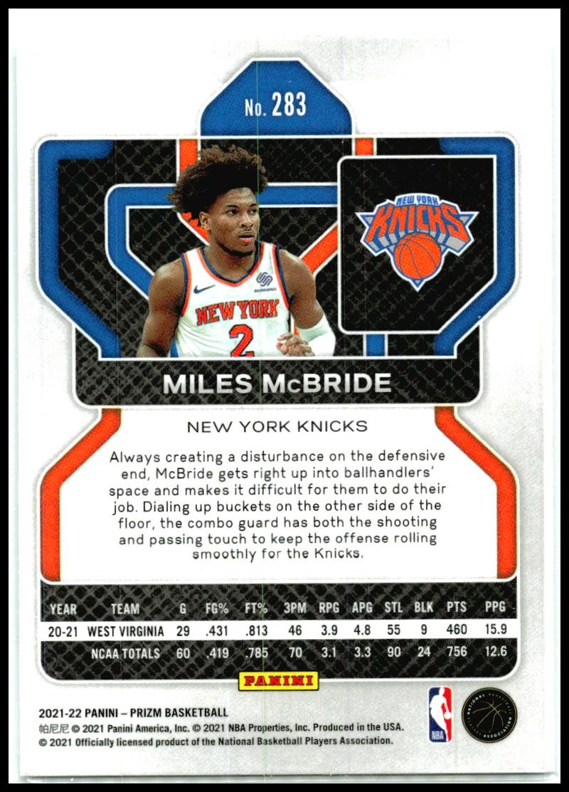2021-22 Panini Prizm #283 Miles McBride Rookie New York Knicks