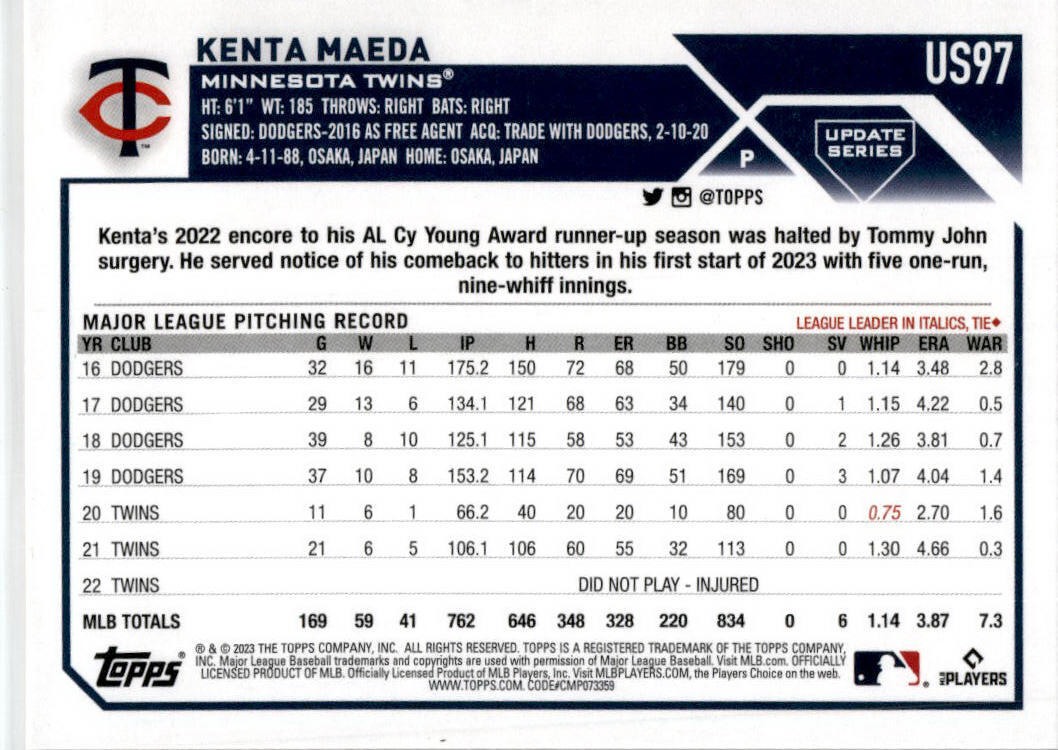 2023 Topps Update Orange and Black Foil #US97 Kenta Maeda Minnesota Twins