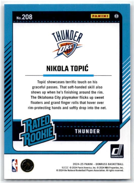 2024-25 Donruss #208 Nikola Topic Rookie Oklahoma City Thunder