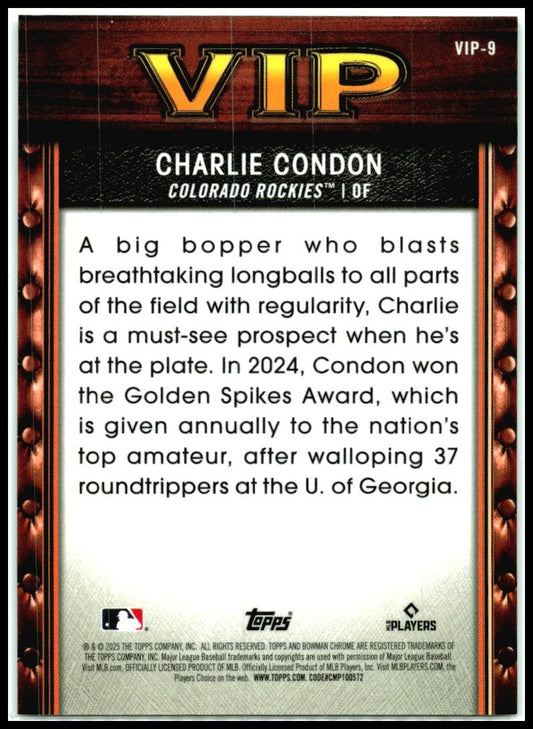 2025 Bowman Very Important Prospects Aqua #VIP-9 Charlie Condon Rockies