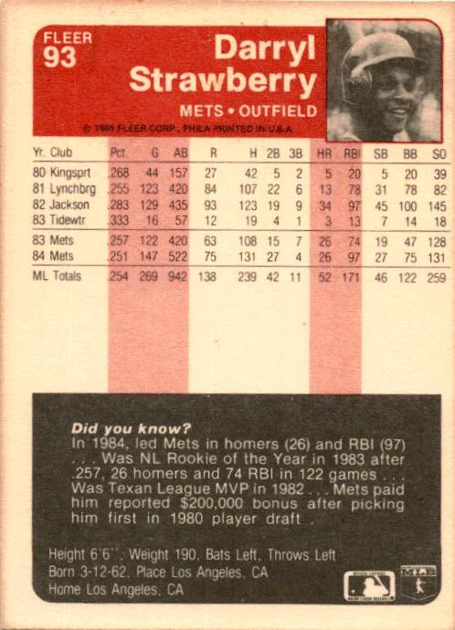 1985 Fleer #93 Darryl Strawberry New York Mets
