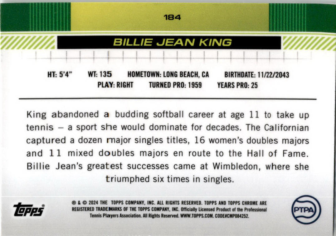 2024 Topps Chrome Tennis Prism #184 Billie Jean King