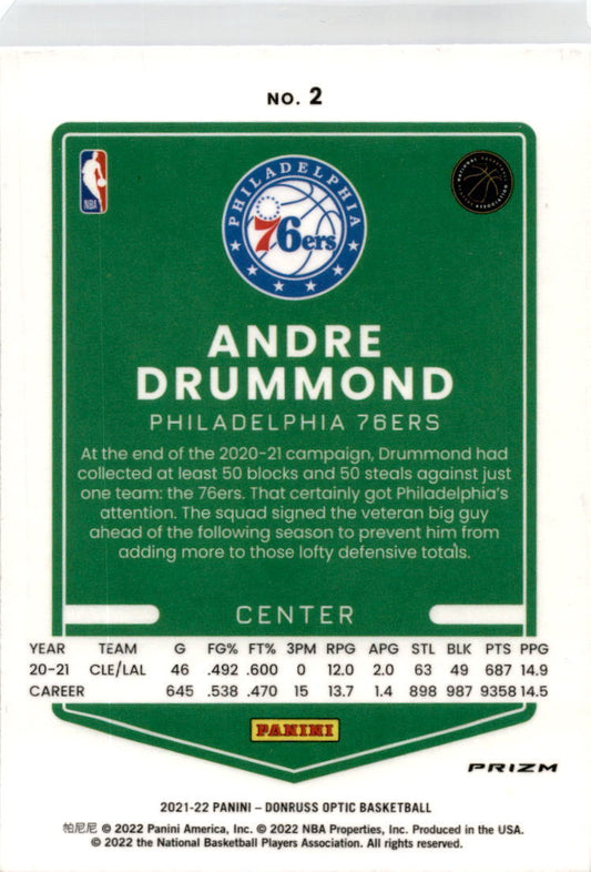2021 Donruss Optic Blue Velocity Prizm #2 Andre Drummond Philadelphia 76ers