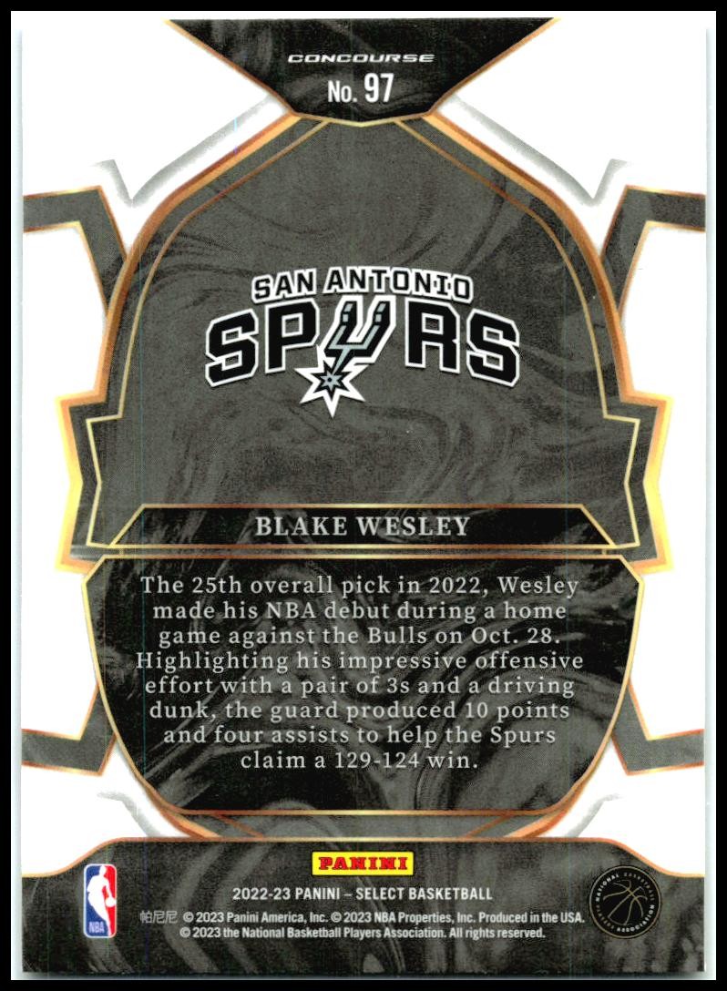 2022-23 Panini Select Blue #97 Blake Wesley Rookie San Antonio Spurs