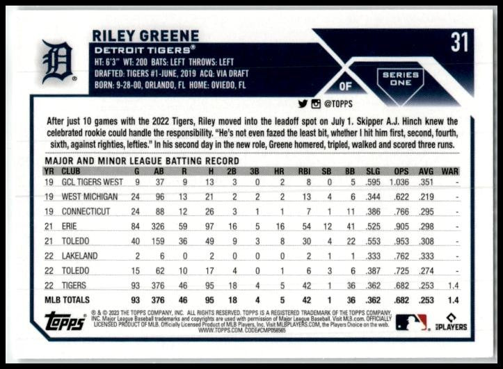 2023 Topps #31 Riley Greene Detroit Tigers