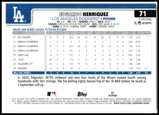 2025 Topps Chrome #71 Edgardo Henriquez Rookie Los Angeles Dodgers