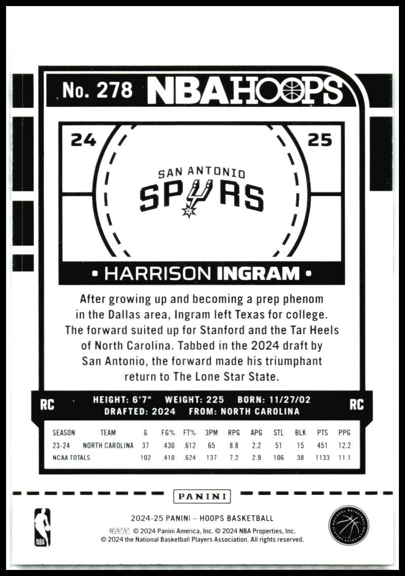 2024-25 Hoops #278 Harrison Ingram Rookie San Antonio Spurs