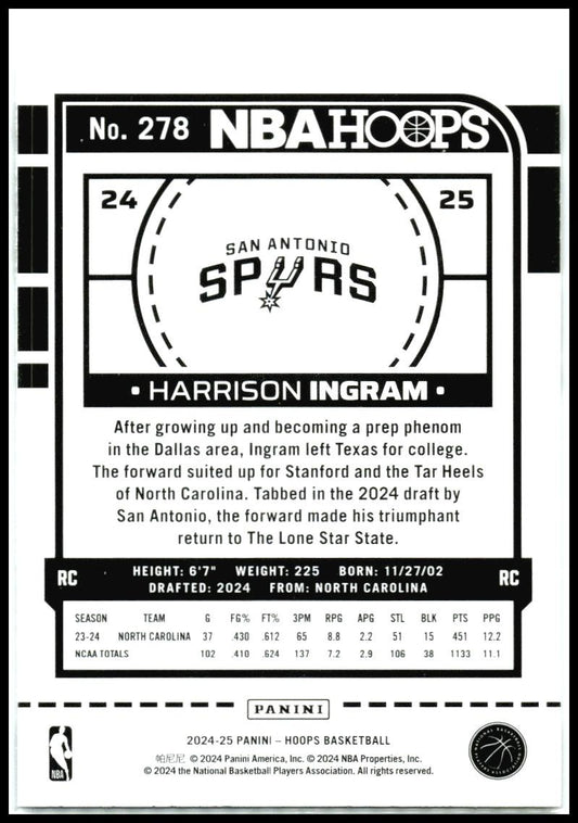 2024-25 Hoops #278 Harrison Ingram Rookie San Antonio Spurs