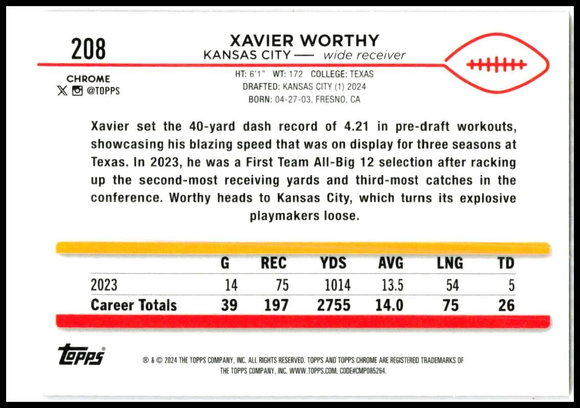 2024 Topps Chrome Pink Refractor #208 Xavier Worthy Rookie Kansas City Chiefs