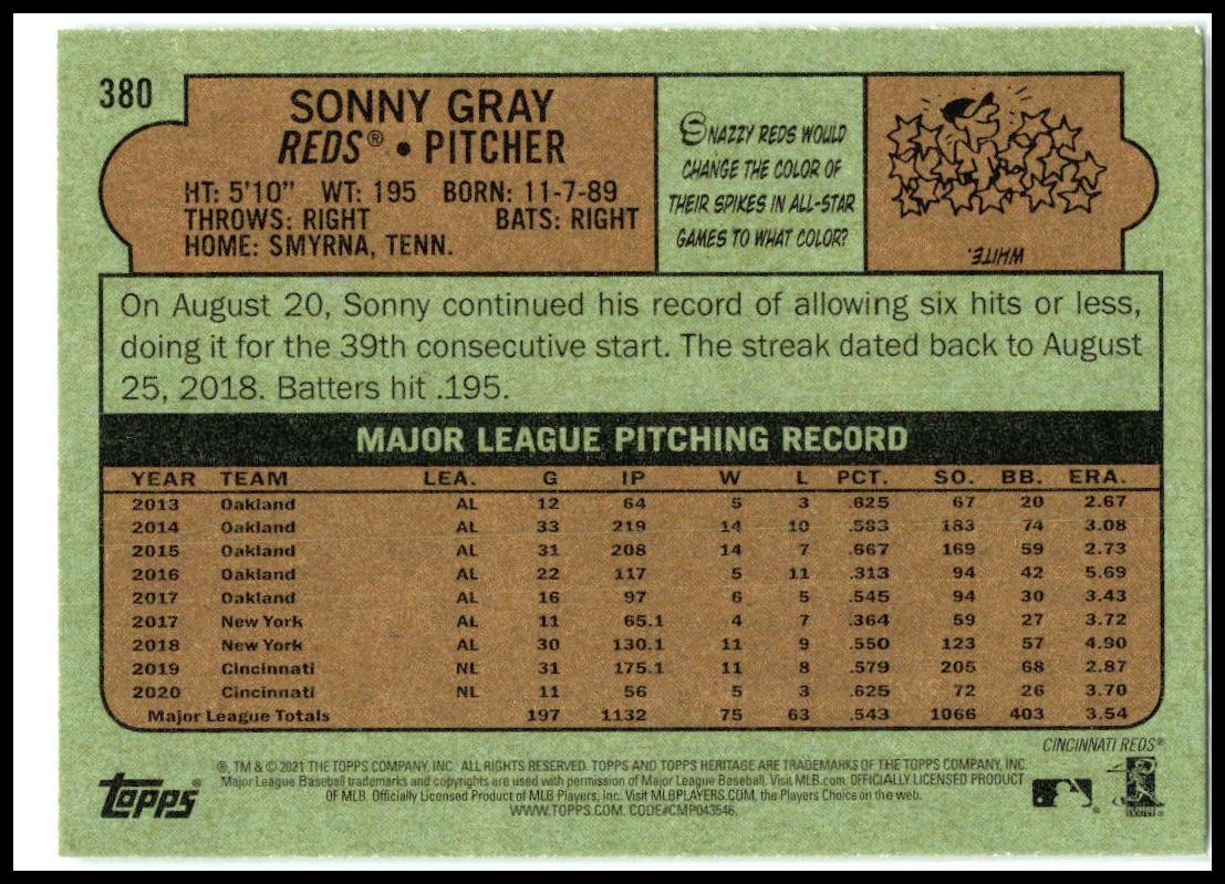 2021 Topps Heritage #380 Sonny Gray Cincinnati Reds