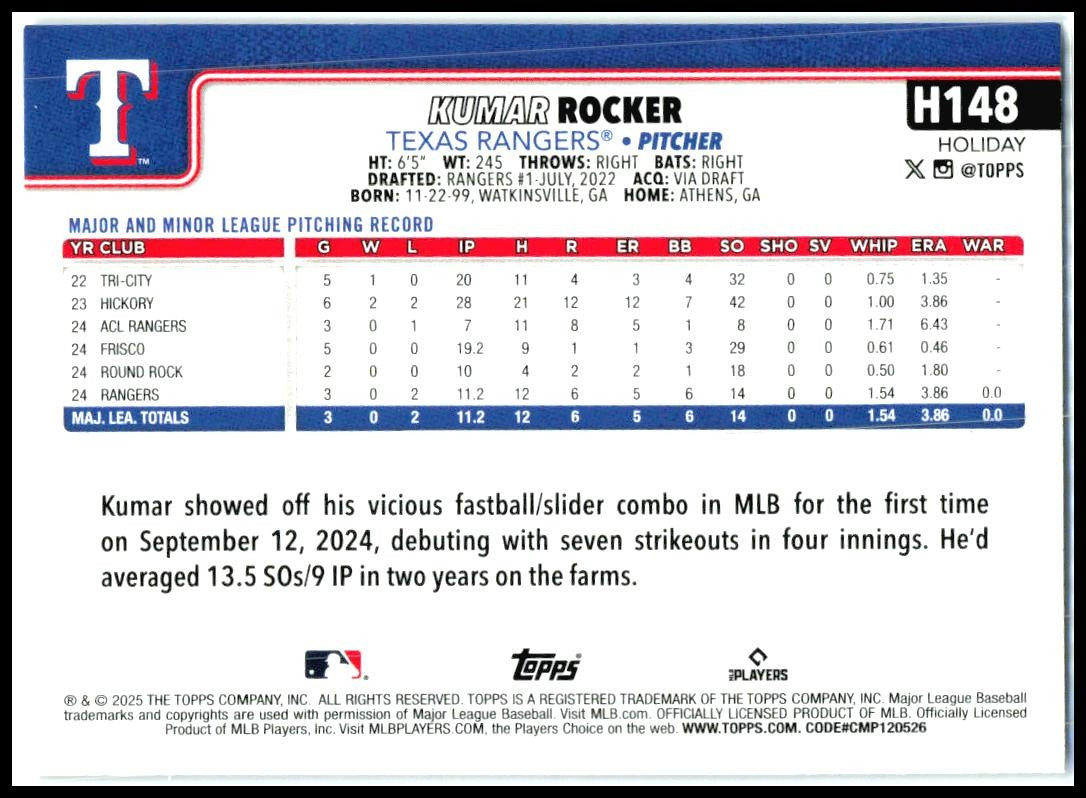 2025 Topps Holiday Silver Glitter Holiday #H148 Kumar Rocker Rookie Texas
