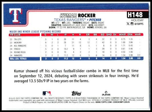 2025 Topps Holiday Silver Glitter Holiday #H148 Kumar Rocker Rookie Texas