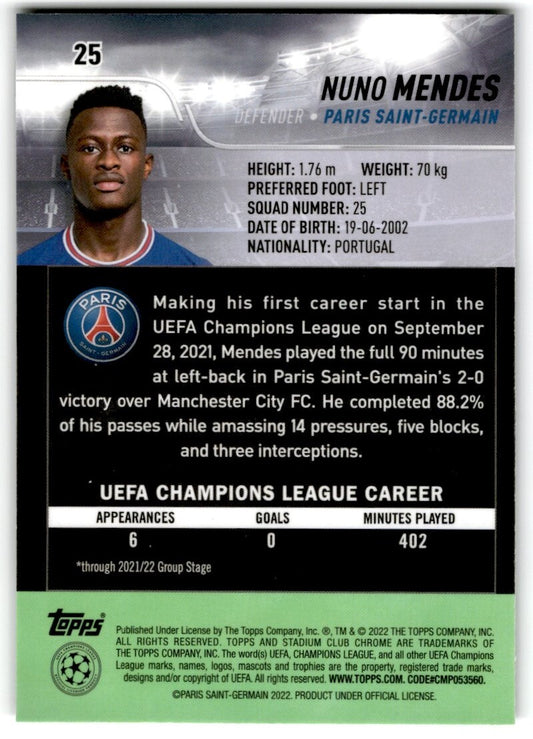 2022 Topps Stadium Club Chrome UCL Nuno Mendes Rookie Paris Saint-German #25