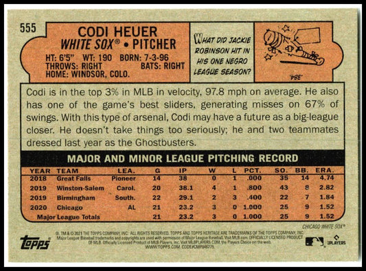 2021 Topps Heritage #555 Codi Heuer Rookie Chicago White Sox