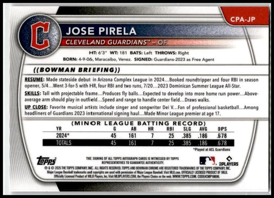 2025 Bowman Auto #CPA-JP Jose Pirela Guardians