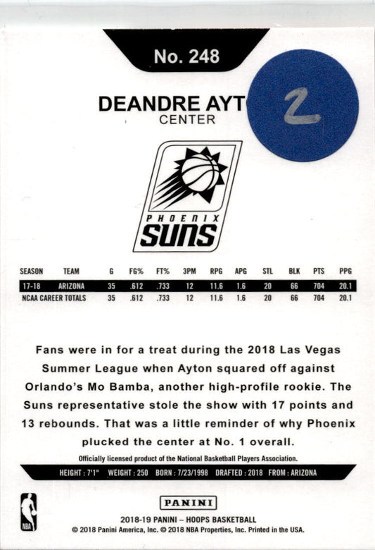 2018-19 Hoops #248 Deandre Ayton Rookie Phoenix Suns
