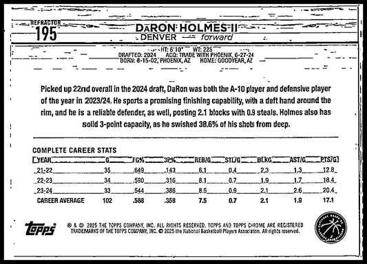 2024-25 Topps Chrome Prism Refractor #195 DaRon Holmes II Rookie Denver Nuggets