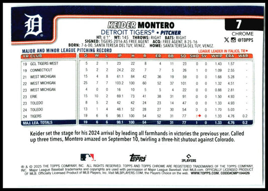 2025 Topps Chrome #7 Keider Montero Rookie Detroit Tigers