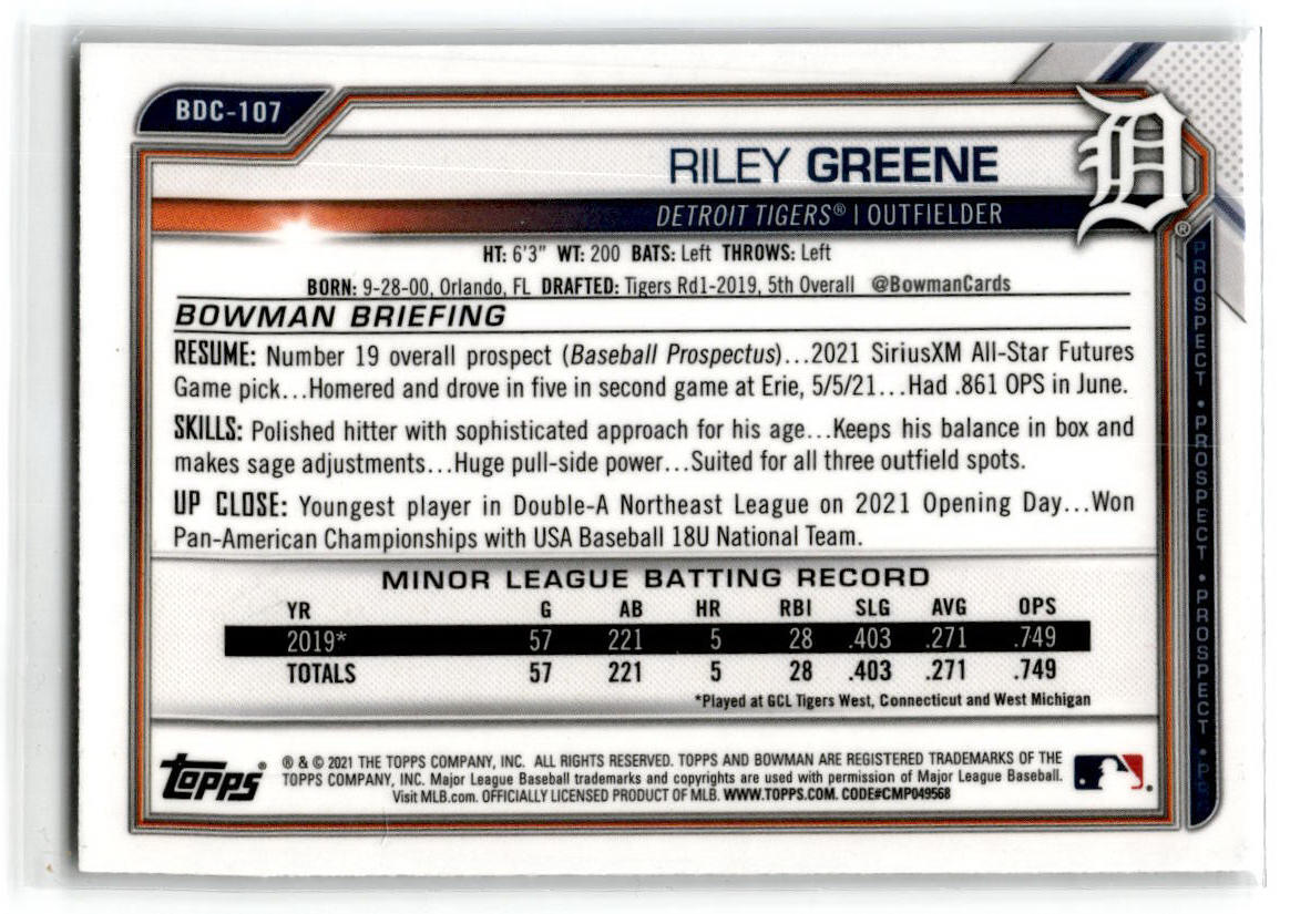 2021 Bowman Draft #BDC-107 Riley Greene Detroit Tigers