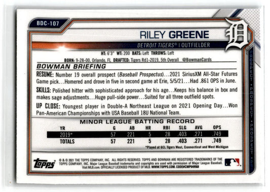 2021 Bowman Draft #BDC-107 Riley Greene Detroit Tigers