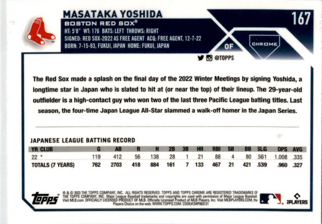 2023 Topps Chrome #167 Masataka Yoshida Rookie Boston Red Sox