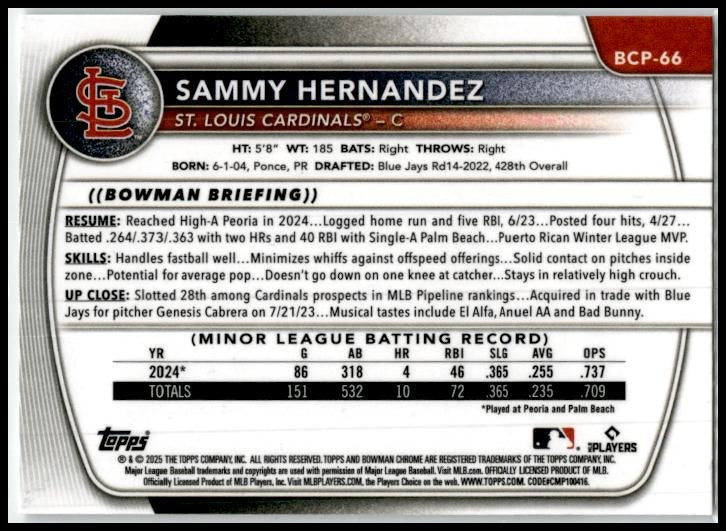 2025 Bowman Chrome Prospects #BCP-66 Sammy Hernandez St. Louis Cardinals