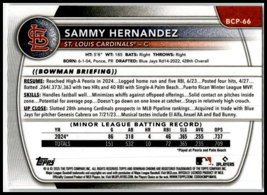 2025 Bowman Chrome Prospects #BCP-66 Sammy Hernandez St. Louis Cardinals