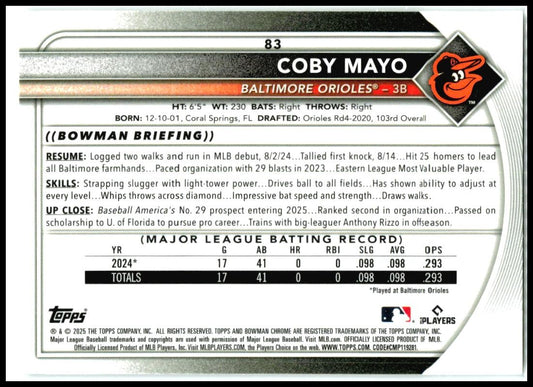 2025 Bowman Chrome Red RC #83 Coby Mayo Rookie Orioles