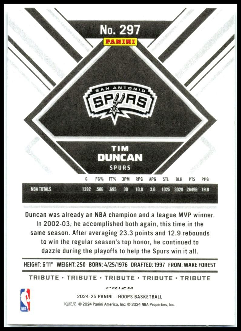 2024-25 Hoops Premium Prizms Silver #297 Tim Duncan San Antonio Spurs