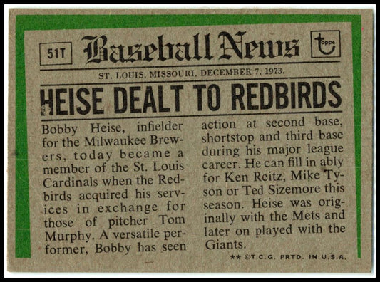 1974 Topps Traded #51T Bobby Heise St. Louis Cardinals