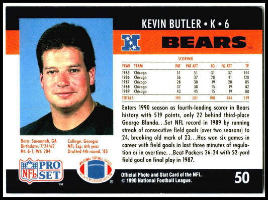 1990 Pro Set #50 Kevin Butler Chicago Bears
