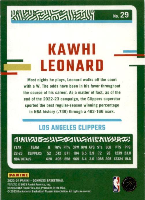 2023-24 Donruss Green Laser Holo #29 Kawhi Leonard Los Angeles Clippers