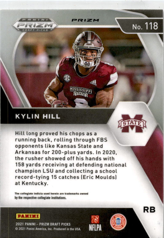 2021 Prizm Draft Picks Collegiate #118 Kylin Hill RC Mississippi State / Packers