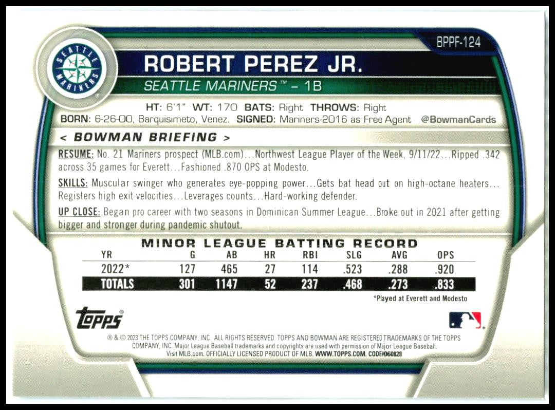 2023 Bowman 1st Edition Sky Blue Foil #BPPF-124 Robert Perez Jr. Seattle