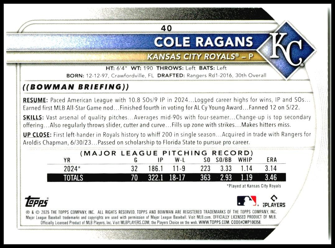 2025 Bowman #40 Cole Ragans Kansas City Royals